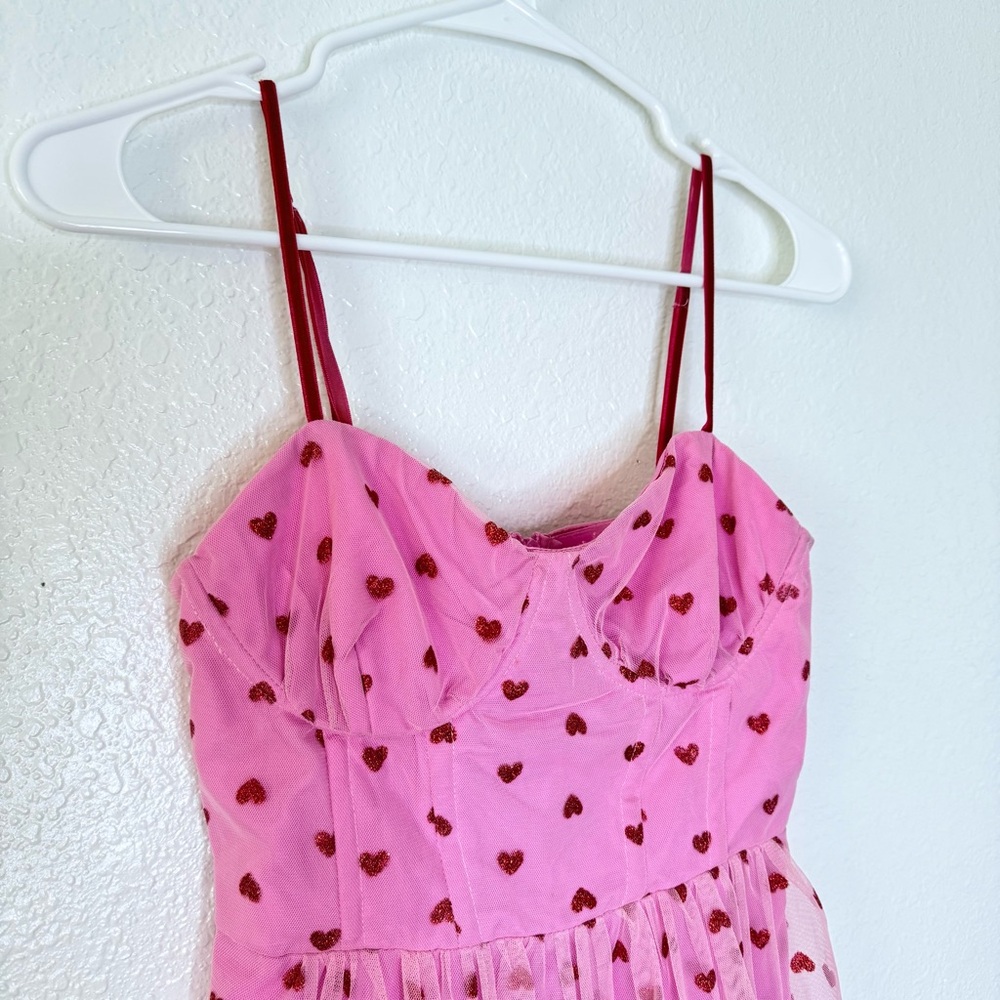 Betsey Johnson NWT Pale Pink Glitter Foil Sweetheart Tiered Corset Tule Dress 2 - Picture 3 of 10